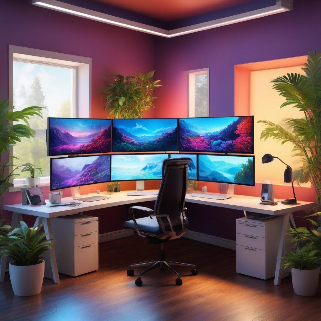 A futuristic and sleek home office setup featuring multiple virtual desktop screens showcasing various digital tools and applications. Include a person working diligently in a cozy environment, surrounded by plants and modern tech gadgets. The scene should evoke a sense of productivity and remote collaboration, with hints of virtual connectivity like cloud icons. Bright, inspiring colors that create a positive atmosphere. super-realistic. vibrant colors. digital art.