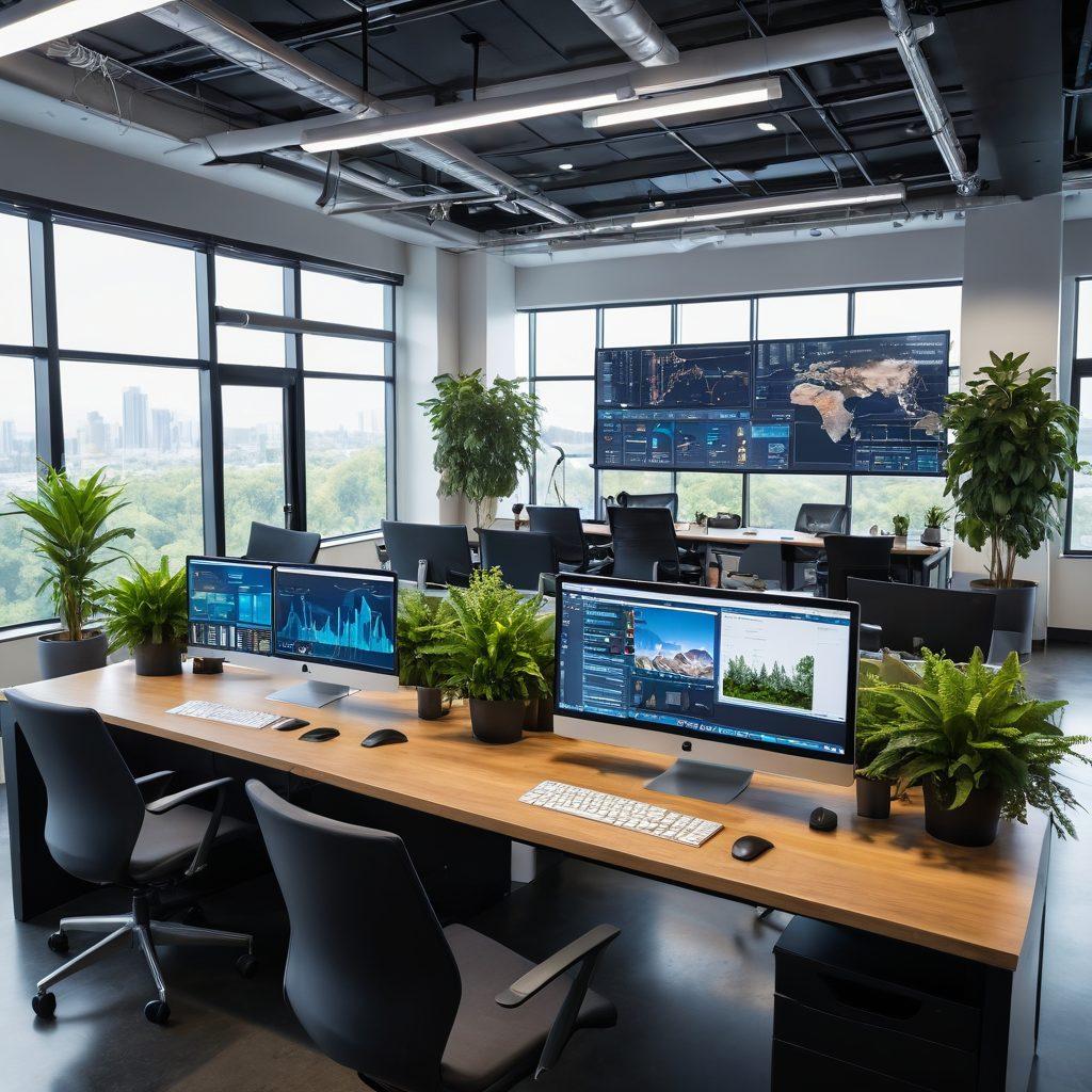 A modern, sleek office workspace with multiple computer screens displaying data analytics, vibrant plants adding a touch of nature, and collaborative areas filled with diverse professionals engaging in discussion. Include elements symbolizing technology advancement, like smart devices and cloud connections. The atmosphere should radiate productivity and innovation. super-realistic. vibrant colors. modern design.