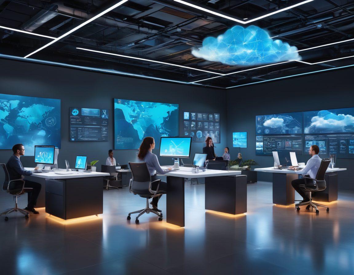 A dynamic workspace featuring diverse team members collaborating through advanced virtualization technology, with holographic displays and digital interfaces around them. Include symbols of connectivity like cloud icons and virtual networks, set against a modern, sleek office backdrop. The atmosphere should convey innovation and teamwork, reflecting empowerment in a tech-driven environment. vibrant colors. super-realistic.